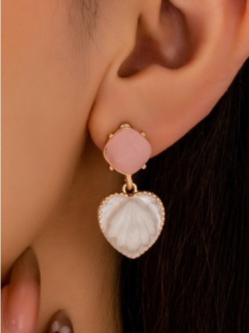 Gold Tone Pink and White Heart Drop Earrings